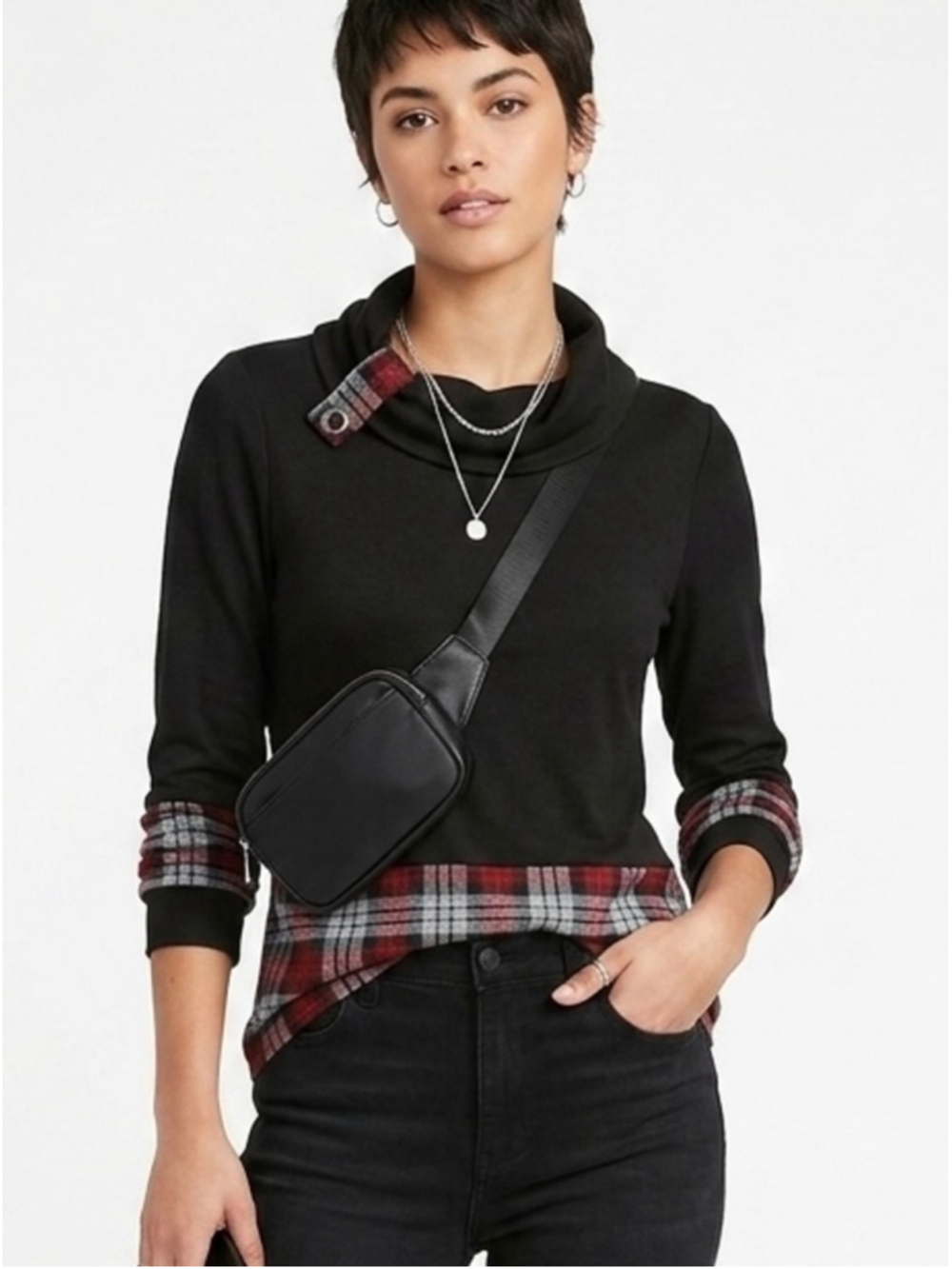 Women's Cleo Black & Red Plaid Cowl Neck Sweatshirt Size M. 1886